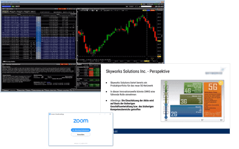 DeltaValue Erfahrungen (2025) - Selbstständige Kapitalanlage an der Börse lernen und zusätzliches Einkommen generieren Eine Collage aus mehreren Bildschirminhalten, darunter eine Trading-Plattform mit Kursdaten und Charts, eine Präsentationsfolie über Skyworks Solutions Inc. und eine Zoom-Anmeldeseite. Beschriftung: ‚Die Live-Webinare von DeltaValue