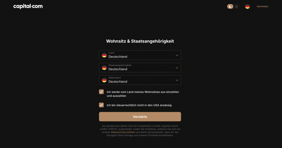 Trading Demokonto kostenlos und ohne Anmeldung (2025) das bild zeigt den Wohnsitz und die staatsangehörigkeit