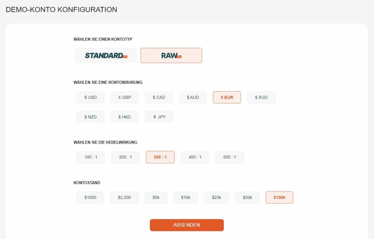 Vantage Markets Erfahrungen – Kosten, Seriosität. Wie gut ist der CFD-Broker? (2025) Screenshot der Demo-Konto-Konfiguration im Vantage Client-Portal. Nutzer können zwischen den Kontotypen 'Standard' und 'Raw' wählen, die Kontowährung (z. B. USD, EUR, GBP, JPY) festlegen, die Hebelwirkung (100:1 bis 500:1) bestimmen und einen Kontostand zwischen 1.000 und 100.000 USD auswählen. Unten befindet sich ein orangefarbener 'Absenden'-Button.