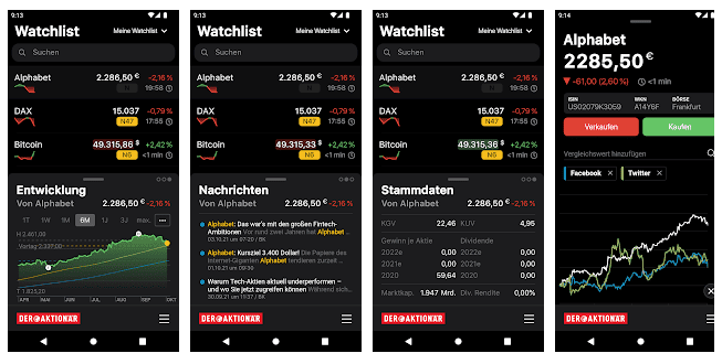 DER AKTIONÄR - Deutschlands großes Börsenmagazin Die mobile AKTIONÄR App – Screenshots der Watchlist mit Aktienkursen von Alphabet, DAX und Bitcoin. Funktionen wie Kursentwicklung, Nachrichten, Stammdaten und Kauf-/Verkaufsoptionen für Wertpapiere. Dark-Mode-Design mit interaktiven Diagrammen und Marktanalysen.