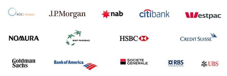 Vantage Markets Erfahrungen – Kosten, Seriosität. Wie gut ist der CFD-Broker? (2025) Logos verschiedener Banken und Finanzinstitute, mit denen Vantage als Liquiditätsanbieter zusammenarbeitet. Dazu gehören unter anderem J.P. Morgan, Citibank, Goldman Sachs, Bank of America, HSBC, BNP Paribas, Credit Suisse, UBS, RBS, Societe Generale, Nomura, Westpac und NAB.