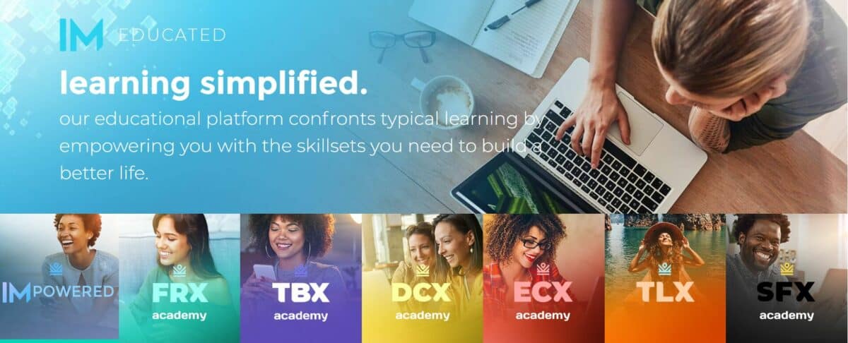 IM Mastery Academy (iMarketsLive) Erfahrungen – Chance oder Betrug? Übersicht der IM Academy Produkte. Oben: Werbebanner mit der Aufschrift 'learning simplified'. Unten: Sieben verschiedene Academy-Programme mit Bildern glücklicher Menschen, darunter FRX Academy (Forex), TBX Academy (Trading), DCX Academy (Krypto), ECX Academy (E-Commerce), TLX Academy (Reisen) und SFX Academy (Soziale Finanzen)