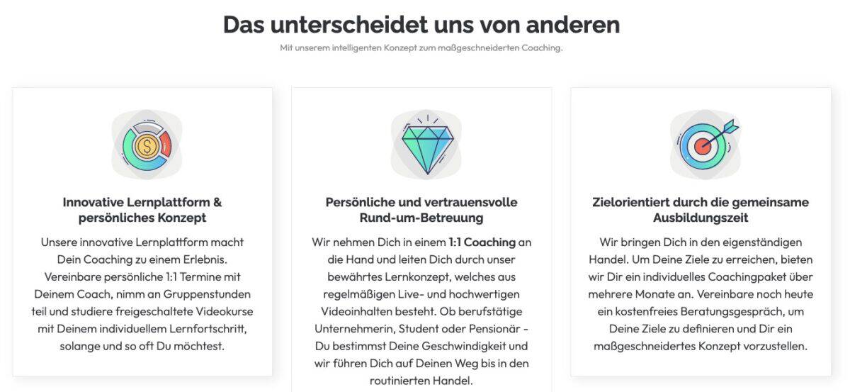 Finance.Coach Erfahrungen - Wie gut sind die Coaches und ihre Programme wirklich? Screenshot der Angebote von Finance.Coach