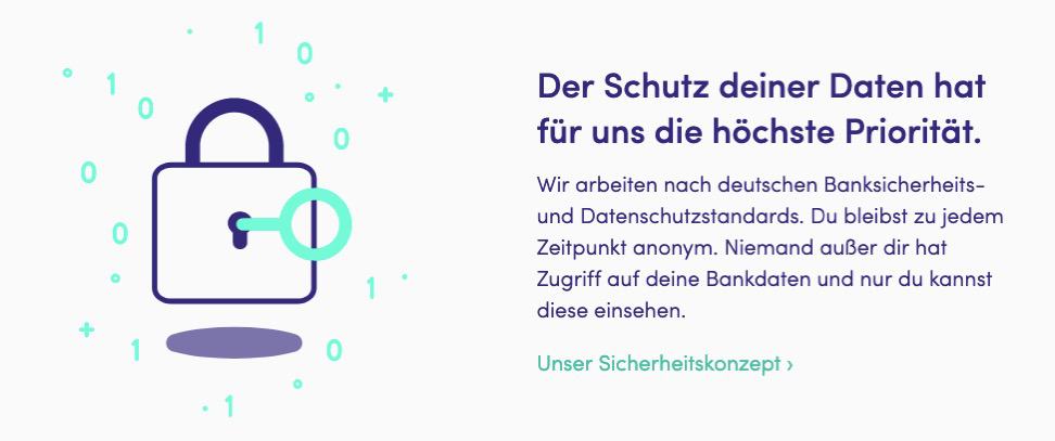 Finanzguru im Test – So gut ist der Finanzmanager wirklich (2025) Werbegrafik der Finanzguru App mit dem Titel 'Der Schutz deiner Daten hat für uns die höchste Priorität'. Links eine Illustration eines Vorhängeschlosses mit einem Schlüssel, umgeben von binären Zahlen. Rechts ein Textblock, der beschreibt, dass die App nach deutschen Banksicherheits- und Datenschutzstandards arbeitet, Anonymität gewährleistet und nur der Nutzer Zugriff auf seine Bankdaten hat. Darunter ein Link mit der Aufschrift 'Unser Sicherheitskonzept