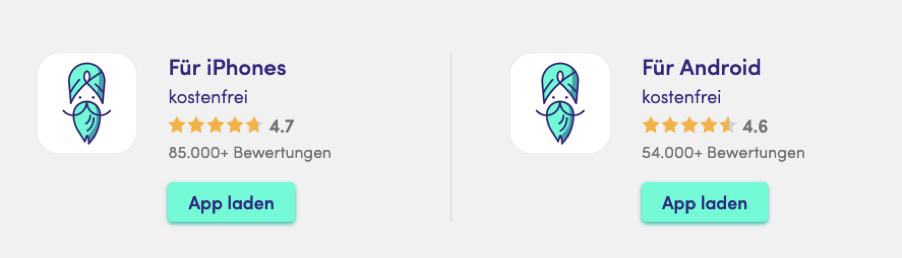 Finanzguru im Test – So gut ist der Finanzmanager wirklich (2025) Werbegrafik der Finanzguru App mit zwei Download-Optionen. Links ein App-Icon mit der Aufschrift 'Für iPhones', bewertet mit 4,7 Sternen aus über 85.000 Bewertungen. Rechts ein App-Icon mit der Aufschrift 'Für Android', bewertet mit 4,6 Sternen aus über 54.000 Bewertungen. Beide Apps sind kostenfrei und haben einen grünen 'App laden'-Button.