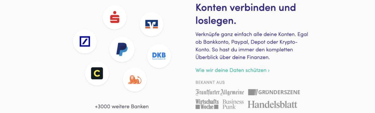 Finanzguru im Test – So gut ist der Finanzmanager wirklich (2025) Werbegrafik der Finanzguru App mit dem Titel 'Konten verbinden und loslegen'. Links sind Logos bekannter Banken und Finanzdienstleister wie Sparkasse, Deutsche Bank, PayPal, DKB, Comdirect und ING in einem Kreis angeordnet, mit dem Hinweis '+3000 weitere Banken'. Rechts steht ein erklärender Text, der beschreibt, dass Nutzer ihre Bankkonten, Depots und Krypto-Konten einfach verknüpfen können, um einen vollständigen Finanzüberblick zu erhalten. Darunter ein Link 'Wie wir deine Daten schützen' sowie Logos bekannter Medien wie Frankfurter Allgemeine, Gründerszene, Wirtschaftswoche, Business Punk und Handelsblatt.