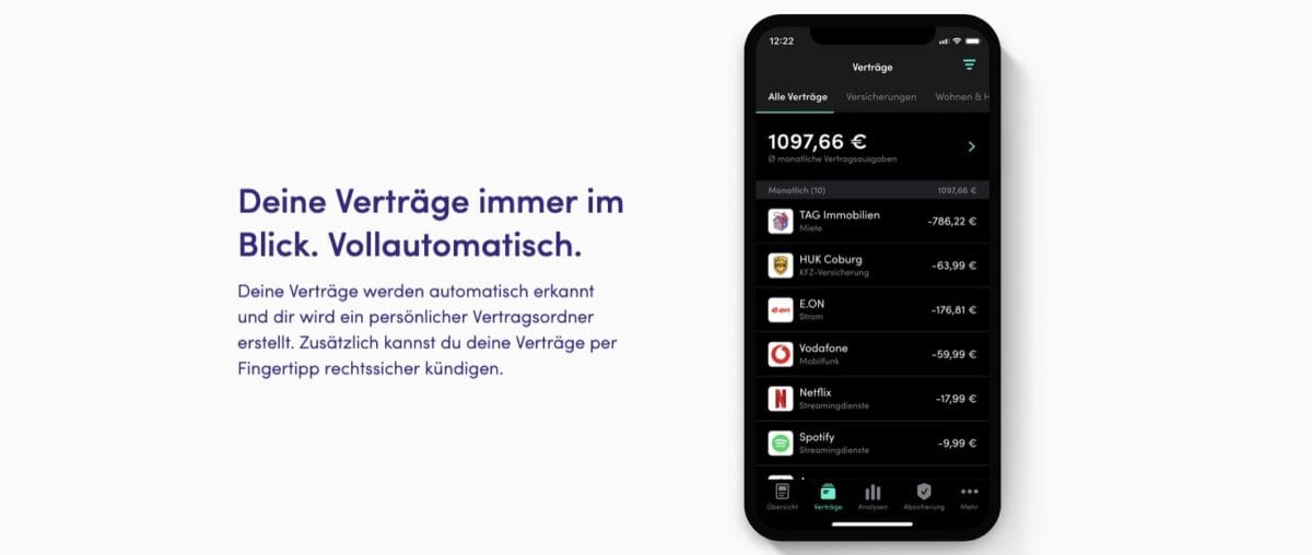 Finanzguru im Test – So gut ist der Finanzmanager wirklich (2025) Werbegrafik der Finanzguru App mit dem Titel 'Deine Verträge immer im Blick. Vollautomatisch'. Links ein Textblock, der erklärt, dass die App automatisch Verträge erkennt, einen Vertragsordner erstellt und eine rechtssichere Kündigung per Fingertipp ermöglicht. Rechts ein Smartphone mit geöffneter Finanzguru-App, das eine Vertragsübersicht zeigt, einschließlich Mietzahlungen, Versicherungen, Stromanbieter, Mobilfunkverträge und Streaming-Dienste wie Netflix und Spotify, mit den jeweiligen monatlichen Kosten.