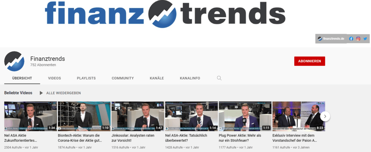 Das Bild zeigt den YouTube-Kanal von Finanztrends.de.