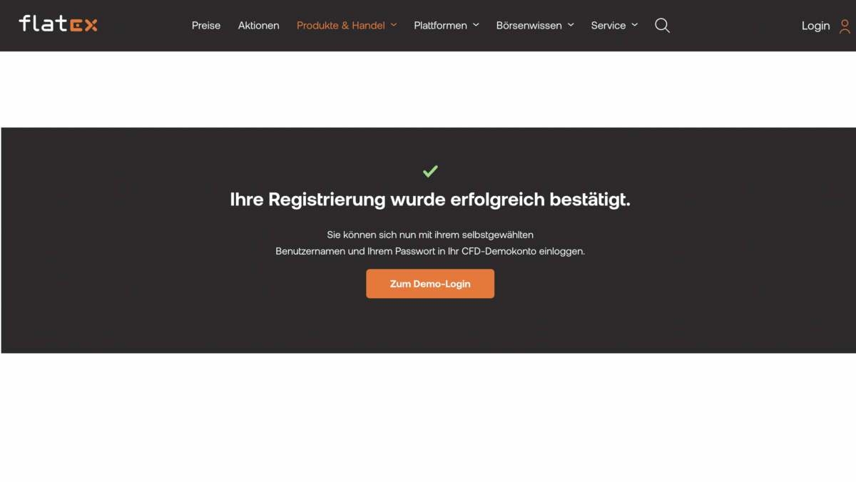 Trading Demokonto kostenlos und ohne Anmeldung (2025) das Bild zeigt die Registrierungsbestätigung