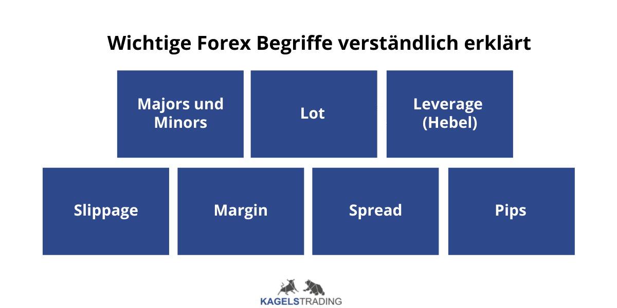 Erfolgreich Forex Trading lernen: Schritt-für-Schritt zum Erfolg (2025) Das Bild zeigt eine Übersicht der relevantesten Begriffe aus der Forex-Welt.