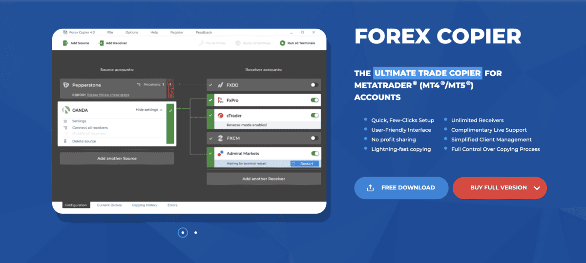 Forex Copier: Alles Wichtige zum beliebten Copy-Trading-Tool (2025) Das Bild zeigt einen Screenshot von der Website von Forex Copier.