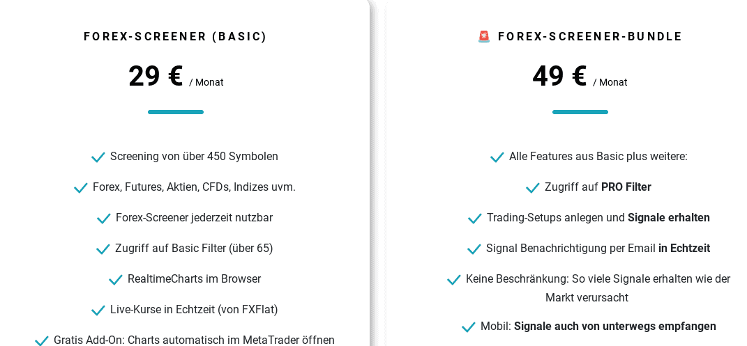 Die besten Forex Screener im Vergleich: Funktionen und Preisvergleich (2025) Screenshot Preise von forex-screener. Es gibt 2 Pakete. Forex-screener Basic für 29 Euro im Monat. Forex-Screener-Bundle für 49 Euro im Monat.