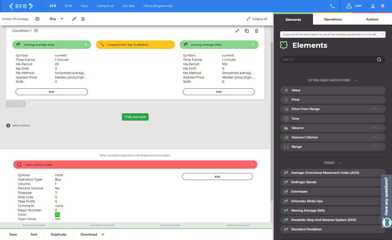 Forex Tester 5: Mehr als nur Backtesting – Ein umfassender Überblick Das Bild zeigt den Easy Forex Builder von Forex Tester 5.