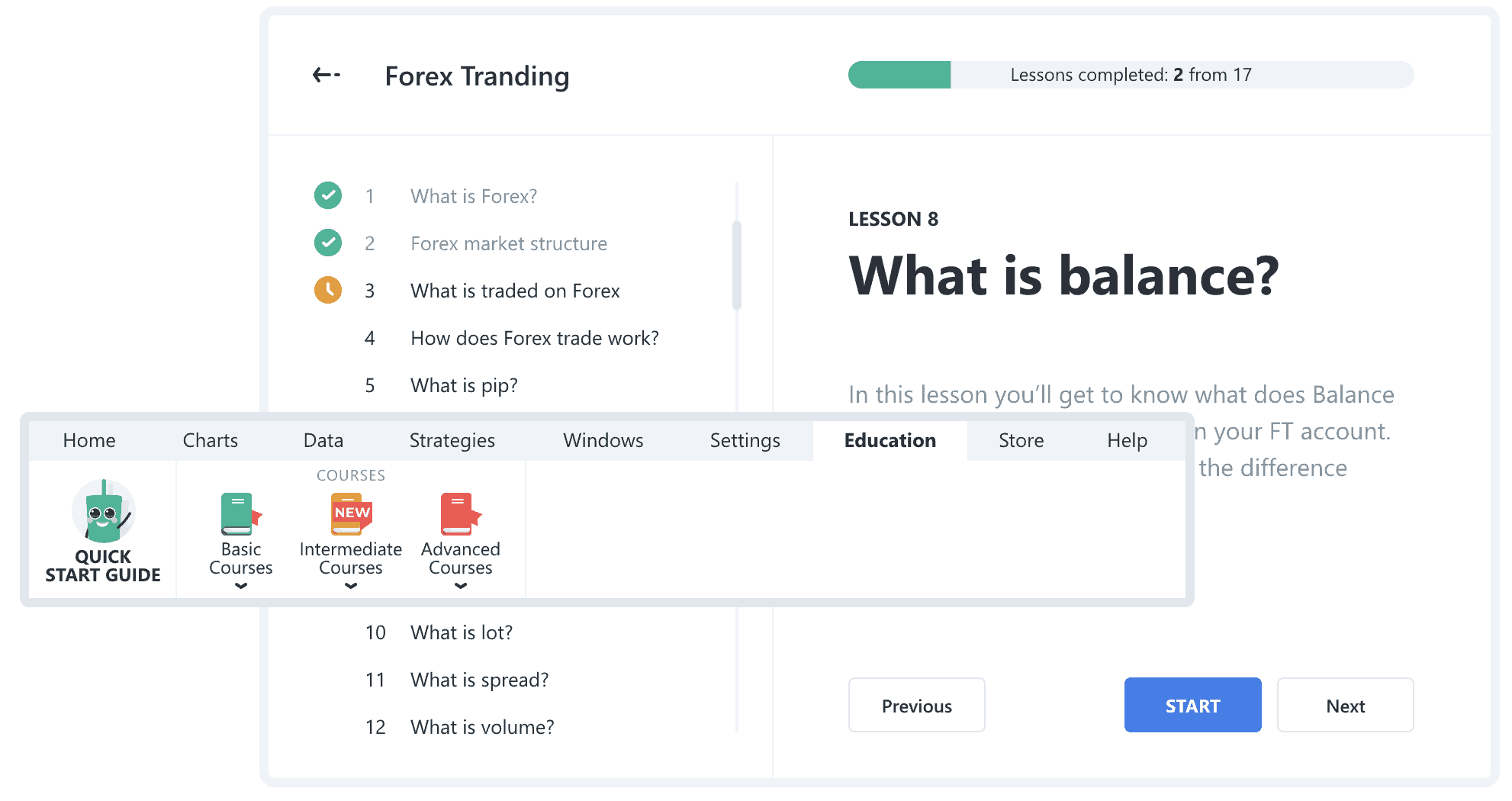 Forex Tester 5: Mehr als nur Backtesting – Ein umfassender Überblick Das Bild zeigt den Interaktiven Trading-Kurs von Forex Tester 5.