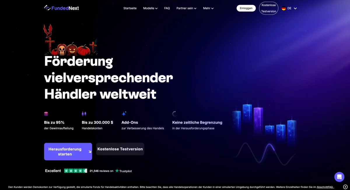 Prop Trading mit FundedNext (2025): Seriös oder nur Marketing-Hype? Website von FundedNext im Halloween-Design