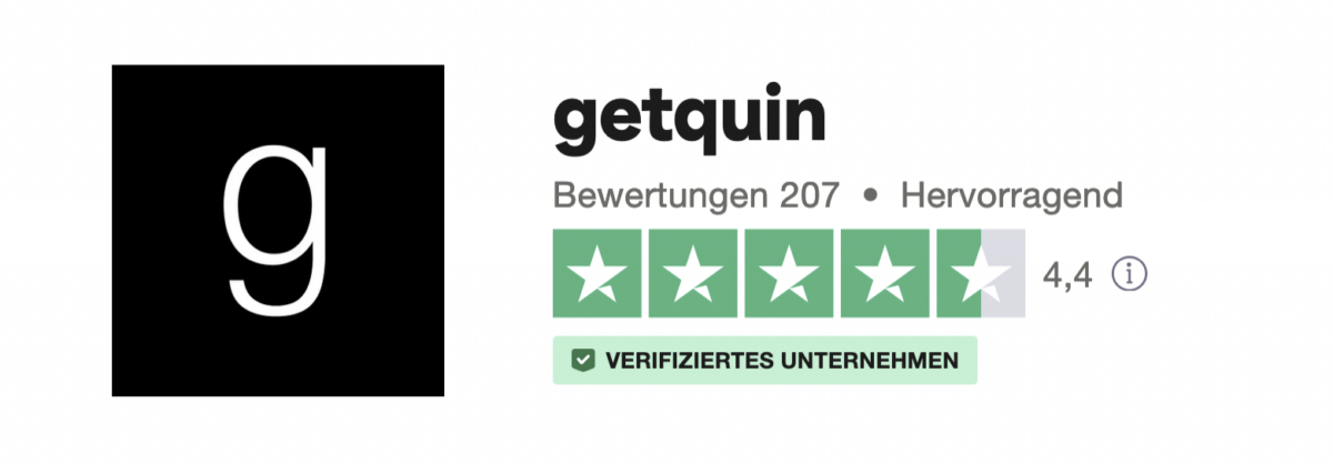 Screenshot der Getquin-Bewertungen auf einer Bewertungsplattform. Links ist das Getquin-Logo mit einem weißen 'g' auf schwarzem Hintergrund zu sehen. Rechts steht 'getquin' mit einer Gesamtbewertung von 4,4 Sternen aus 207 Bewertungen. Das Unternehmen ist als 'Verifiziertes Unternehmen' gekennzeichnet. Die Sternebewertung zeigt vier volle Sterne und einen teilweise ausgefüllten Stern.