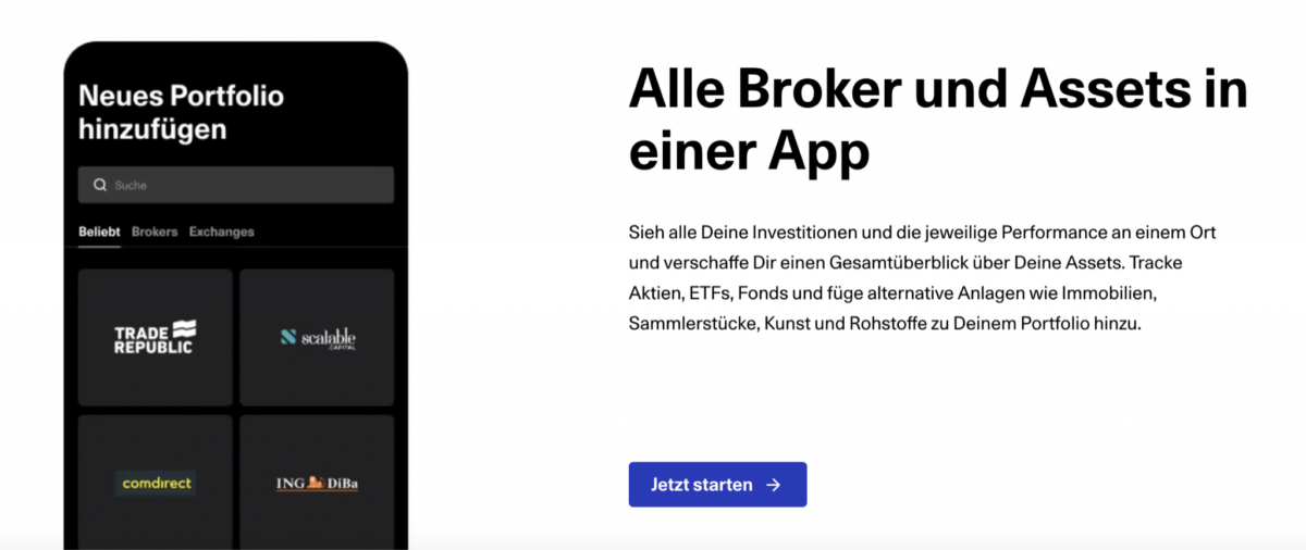Screenshot der Getquin-App mit der Funktion, ein neues Portfolio hinzuzufügen. Links ist eine schwarze Benutzeroberfläche mit Logos von Brokern wie Trade Republic, Scalable Capital, Comdirect und ING DiBa zu sehen. Rechts befindet sich ein weißer Textbereich mit der Überschrift 'Alle Broker und Assets in einer App.