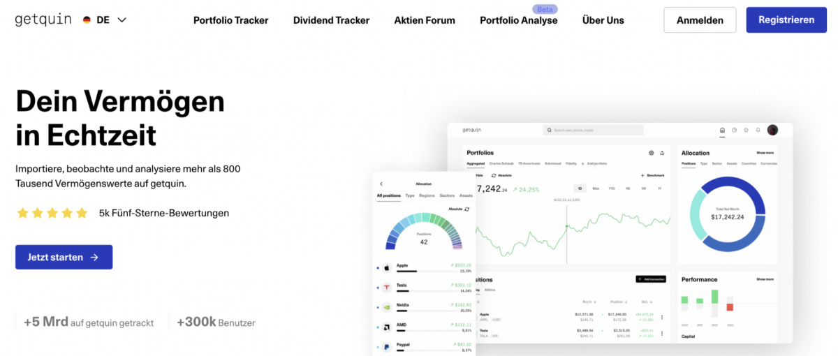 Portfolio Performance Erfahrungen - so gut ist der Portfolio-Tracker wirklich (2025) Screenshot der getquin Webseite - Alternative zu Portfolio Performance