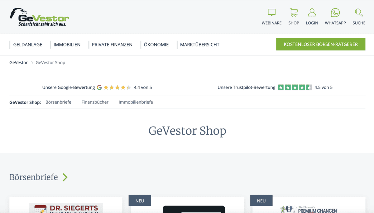 GeVestor Verlag Erfahrungen (2025)– Lohnen sich die Produkte? das Bild zeigt einen Screenshot von dem Onlineshop des GeVestor Verlags