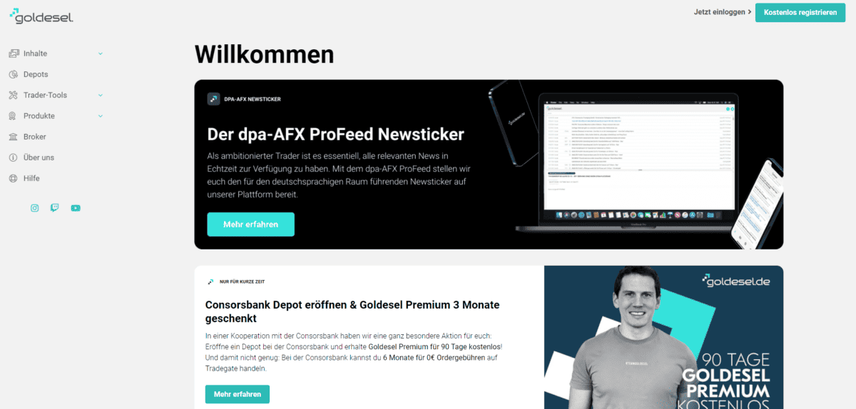 Goldesel.de Erfahrungen (2025) – Alles über die Webseite von Michael Flender Screenshot der Goldesel-Startseite im Juni 2023. Oben ein Begrüßungstext mit dem Hinweis auf den dpa-AFX ProFeed Newsticker für Echtzeit-Nachrichten. Darunter eine Werbeaktion: "Consorsbank Depot eröffnen & Goldesel Premium 3 Monate geschenkt". Rechts daneben ein Bild eines Mannes im Goldesel-T-Shirt mit dem Text "90 TAGE GOLDESL PREMIUM KOSTENLOS". Links eine Navigationsleiste mit den Menüpunkten "Inhalte", "Depots", "Trader-Tools", "Produkte", "Broker", "Über uns" und "Hilfe". Oben rechts Anmelde- und Registrierungsoptionen.