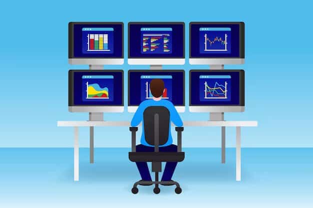 Der beste Trading-Computer: Alles, was Sie für den Einstieg wissen müssen Das Bild zeigt einen Mann der vor seinen 6 Bildschirmen sitzt.