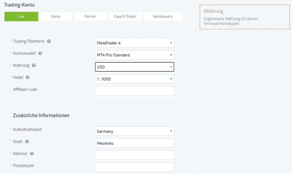 RoboForex Erfahrungen - Seriosität, Kosten, Test (2025) RoboForex Kontoeröffnung Screenshot der RoboForex-Kontoeröffnungsseite. Die Trading-Plattform ist MetaTrader 4, das Kontomodell ist 'MT4 Pro-Standard', die Währung ist auf USD eingestellt, und der Hebel beträgt 1:1000. Zusätzlich sind Angaben zum Aufenthaltsland (Germany), Stadt (Heustreu), Adresse und Postleitzahl erforderlich.