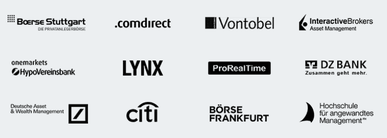 FinMent Erfahrungen- Ausbildung für Privatanleger (2025) Logos der FinMent Kooperationspartner, darunter Börse Stuttgart, comdirect, Vontobel, Interactive Brokers, HypoVereinsbank, LYNX, ProRealTime, DZ Bank, Deutsche Asset & Wealth Management, Citi, Börse Frankfurt und Hochschule für angewandtes Management.