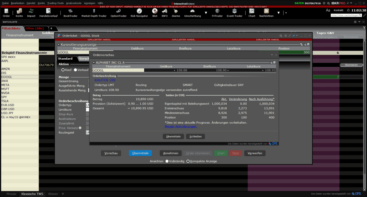 Interactive Brokers (IBKR)– der ultimative Guide zum größten Online-Broker der Welt (2025) Screenshot der klassischen Trader Workstation (TWS) von Interactive Brokers. Das Fenster zeigt eine Ordermaske für den Kauf von 100 Alphabet (GOOGL) Aktien mit einem Limitkurs von 108,90 USD. Links ist eine Watchlist mit verschiedenen Finanzinstrumenten sichtbar, während rechts Details zu Margins, Provisionen und Handelsausführungen angezeigt werden.