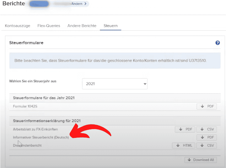 Interactive Brokers (IBKR)– der ultimative Guide zum größten Online-Broker der Welt (2025) Screenshot des Interactive Brokers Client-Portals im Bereich 'Steuern'. Ein roter Pfeil hebt den Menüpunkt 'Informative Steuerbericht (Deutsch)' hervor, der als PDF heruntergeladen werden kann. Unterhalb des Bildes steht die Beschreibung: 'Den informativen Steuerbericht kannst du im IB Client-Portal per Klick als PDF-Datei herunterladen.