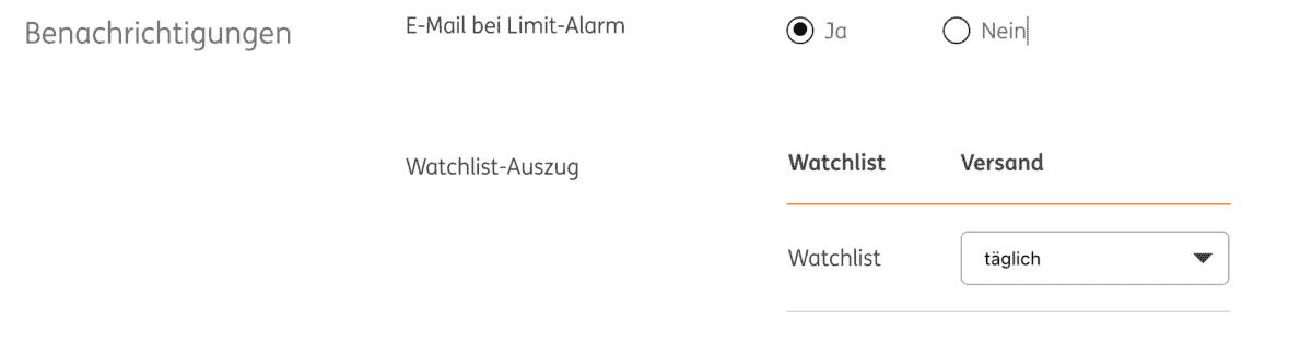 Die ING DiBa Watchlist: Top oder Flop? Einstellungen der ING-DiBa Watchlist, Stand 18.05.2023. Die Optionen umfassen eine E-Mail-Benachrichtigung bei Limit-Alarm mit den Auswahlmöglichkeiten 'Ja' oder 'Nein'. Zudem gibt es eine Versandfrequenz für den Watchlist-Auszug, die aktuell auf 'täglich' eingestellt ist.
