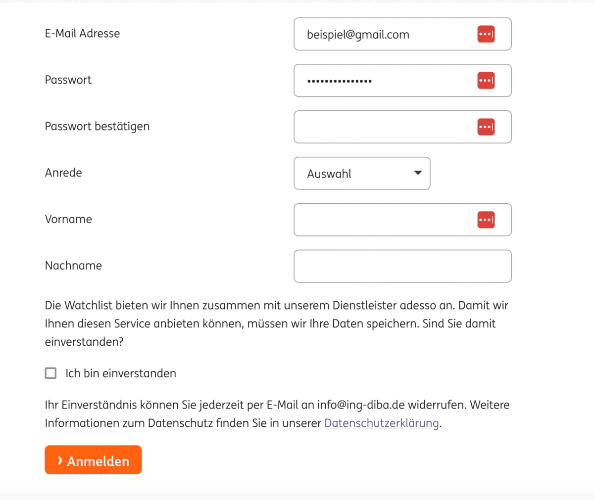 Die ING DiBa Watchlist: Top oder Flop? "ING-DiBa Watchlist Registrierungsformular, Stand 16.05.2023. Das Formular enthält Eingabefelder für E-Mail-Adresse ('beispiel@gmail.com'), Passwort, Passwort-Bestätigung, Anrede (Dropdown-Menü), Vorname und Nachname. Zudem gibt es eine Checkbox zur Zustimmung zur Datenspeicherung mit einem Hinweis auf den Datenschutz. Unten befindet sich ein orangefarbener 'Anmelden'-Button.