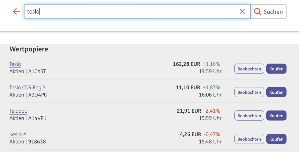Die ING DiBa Watchlist: Top oder Flop? ING-DiBa Watchlist-Wertpapiersuche, Stand 18.05.2023. In der Suchleiste wurde 'Tesla' eingegeben, und die Ergebnisse zeigen verschiedene Wertpapiere: Tesla Aktie (ISIN: A1CX3T) mit einem Kurs von 162,28 EUR (+1,16 %), Tesla CDR Reg S (ISIN: A3DAPU) mit 11,10 EUR (+1,83 %), Teladoc (ISIN: A14VPK) mit 21,91 EUR (-2,41 %) und Kesla-A (ISIN: 918638) mit 4,26 EUR (-0,47 %). Neben jeder Aktie befinden sich Buttons für 'Beobachten' und 'Kaufen'.
