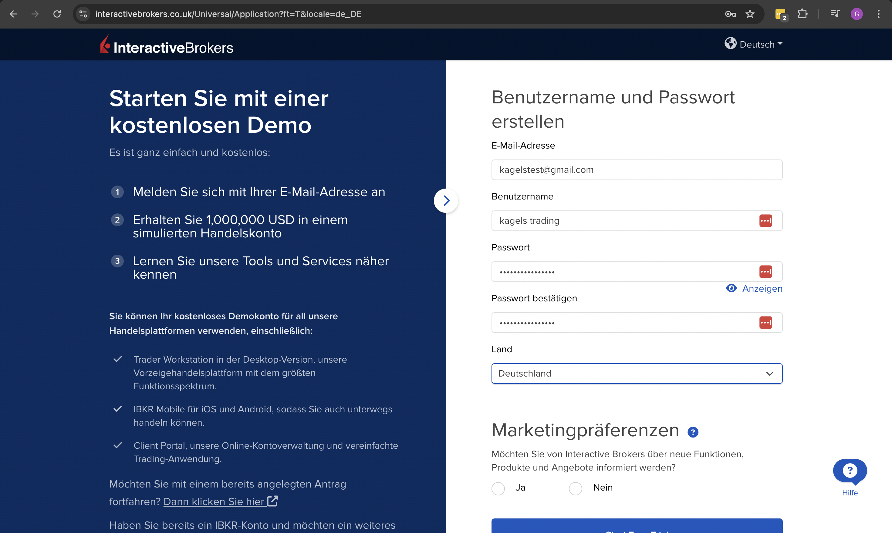 Trading Demokonto kostenlos und ohne Anmeldung (2025) Registrierungsseite für ein kostenloses Demo-Konto bei Interactive Brokers. Links wird der Anmeldeprozess erklärt, einschließlich einer simulierten Handelsumgebung mit 1.000.000 USD. Rechts befindet sich das Formular zur Erstellung eines Benutzerkontos mit Feldern für E-Mail-Adresse, Benutzernamen, Passwort und Marketingpräferenzen