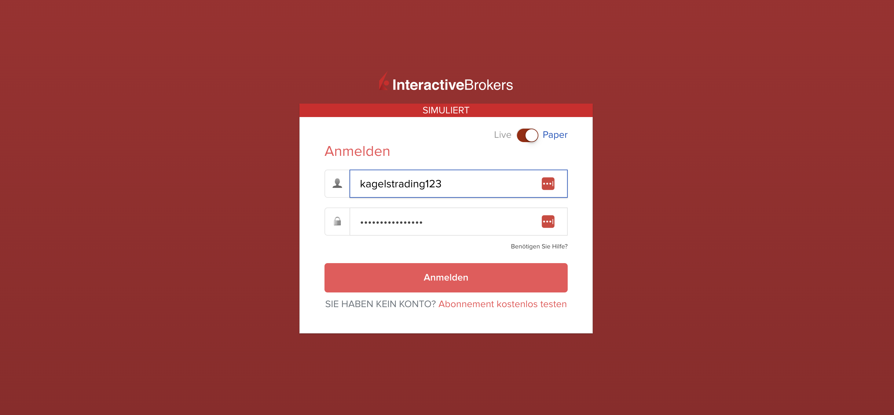 Trading Demokonto kostenlos und ohne Anmeldung (2025) Anmeldebildschirm für das simulierte Trading-Konto bei Interactive Brokers. Das Login-Formular enthält Felder für Benutzername und Passwort mit der Option, zwischen Live- und Paper-Trading zu wechseln. Ein roter Anmelde-Button befindet sich unter den Eingabefeldern.
