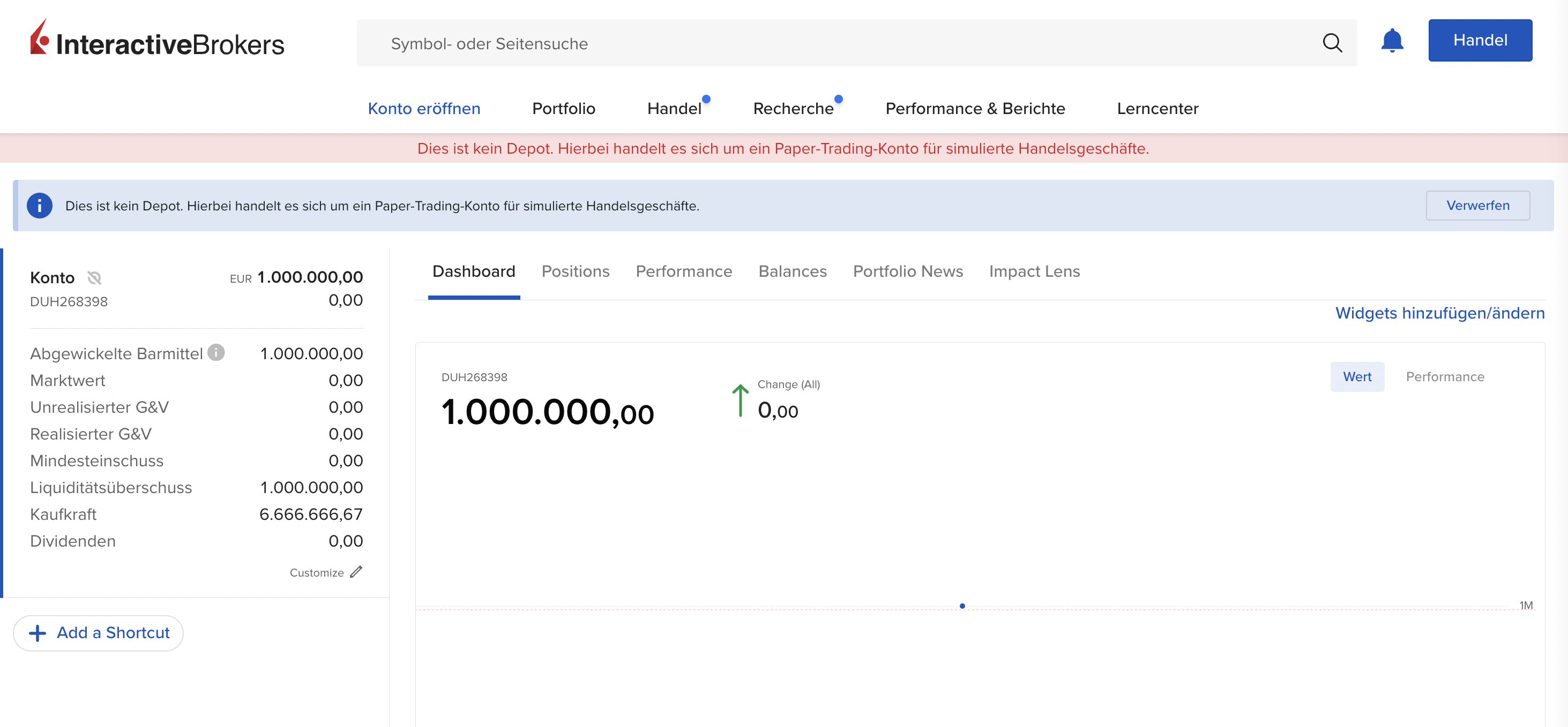 Trading Demokonto kostenlos und ohne Anmeldung (2025) Dashboard des Paper-Trading-Kontos bei Interactive Brokers. Das Konto zeigt ein Startguthaben von 1.000.000 EUR, mit null unrealisierten und realisierten Gewinnen oder Verlusten. Oben befindet sich eine rote Hinweisleiste, die darauf hinweist, dass es sich um ein simuliertes Handelsdepot handelt. Die Benutzeroberfläche enthält Registerkarten für Positionen, Performance und weitere Funktionen."
Falls du eine kürzere Version möchtest: "Interactive Brokers Paper-Trading-Dashboard mit 1.000.000 EUR Startkapital und ohne bisherige Transaktionen