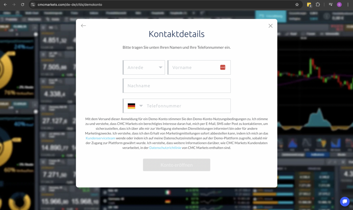 Trading Demokonto kostenlos und ohne Anmeldung (2025) Anmeldeprozess für das CMC Markets-Demokonto. Ein Pop-up-Fenster fordert den Nutzer auf, eine E-Mail-Adresse und ein Passwort einzugeben, um ein kostenloses Demo-Konto zu erstellen. Die Auswahl für CFD Trading ist aktiviert, während Dynamic Portfolio Swap (DPS) für Neukunden nicht verfügbar ist. Im Hintergrund ist die CMC Markets-Handelsplattform mit Kursübersichten und Charts sichtbar.