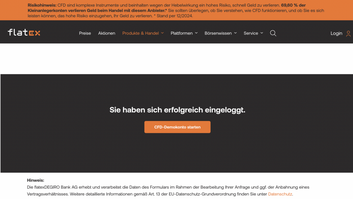 Trading Demokonto kostenlos und ohne Anmeldung (2025) das bild zeigt den login prozess für das kostenlose demokonto von flatex