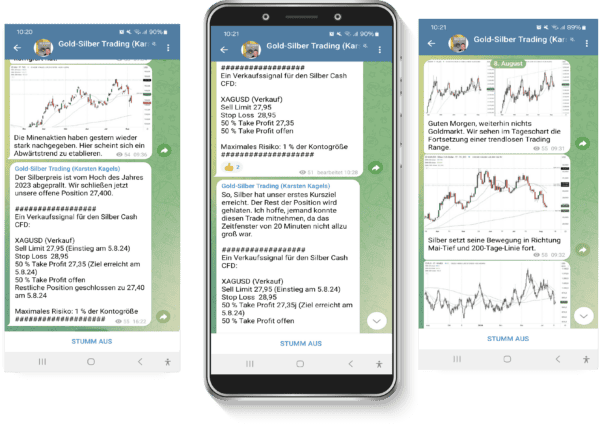 Gold-Silber-Handelssignale testen! mockup handy telegram app gold silber signale