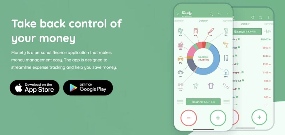 Finanzguru im Test – So gut ist der Finanzmanager wirklich (2025) Werbegrafik der Money Manager App mit drei Smartphones vor einem roten Hintergrund. Das linke Smartphone zeigt das App-Logo mit einem stilisierten Sparschwein. Das mittlere Smartphone zeigt eine Tagesübersicht mit Einnahmen und Ausgaben, sortiert nach Datum und Kategorie. Das rechte Smartphone zeigt eine grafische Analyse mit einem Kreisdiagramm, das verschiedene Ausgabenkategorien darstellt.