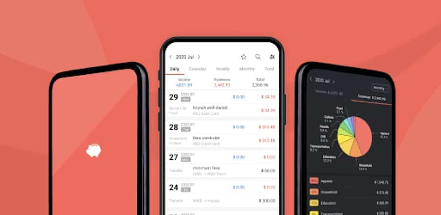 Finanzguru im Test – So gut ist der Finanzmanager wirklich (2025) Werbegrafik der Money Manager App mit drei Smartphones vor einem roten Hintergrund. Das linke Smartphone zeigt das App-Logo mit einem stilisierten Sparschwein. Das mittlere Smartphone zeigt eine Tagesübersicht mit Einnahmen und Ausgaben, sortiert nach Datum und Kategorie. Das rechte Smartphone zeigt eine grafische Analyse mit einem Kreisdiagramm, das verschiedene Ausgabenkategorien darstellt.