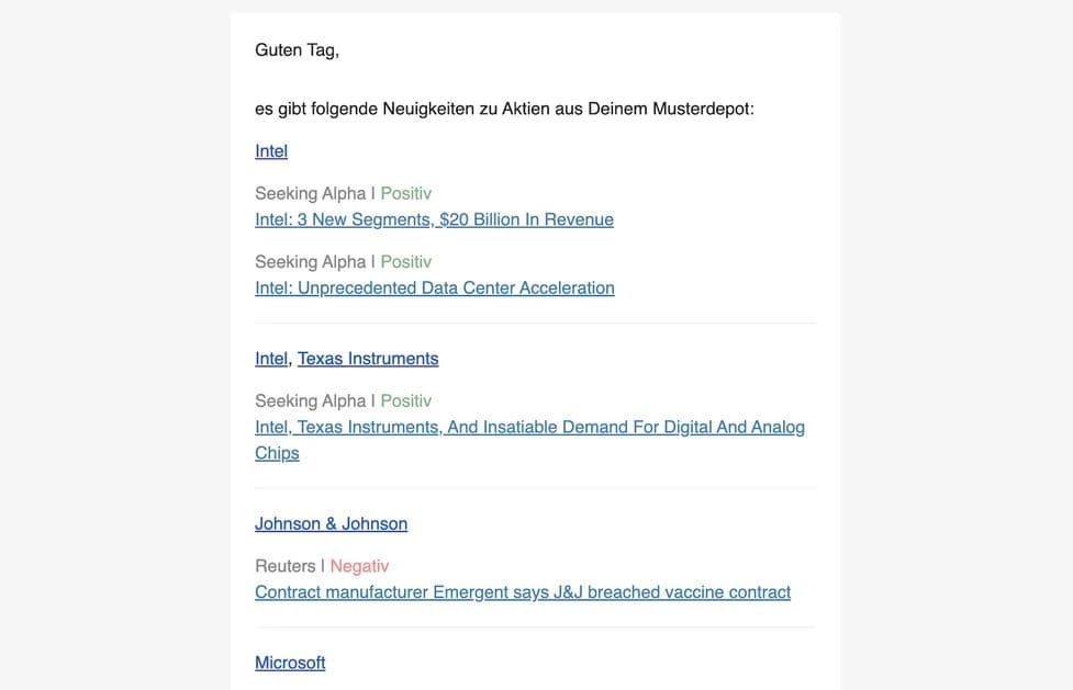 aktien.guide im Test (2025) – Erfahrungen mit dem Aktien Screener Screenshot einer Aktienupdate-E-Mail mit Neuigkeiten zu Aktien aus einem Musterdepot. Enthalten sind News zu Intel, Texas Instruments, Johnson & Johnson und Microsoft. Die Nachrichten stammen von Seeking Alpha und Reuters und enthalten Bewertungen wie 'Positiv' oder 'Negativ'. Überschriften wie 'Intel: 3 New Segments, $20 Billion In Revenue' oder 'Contract manufacturer Emergent says J&J breached vaccine contract' sind verlinkt.
