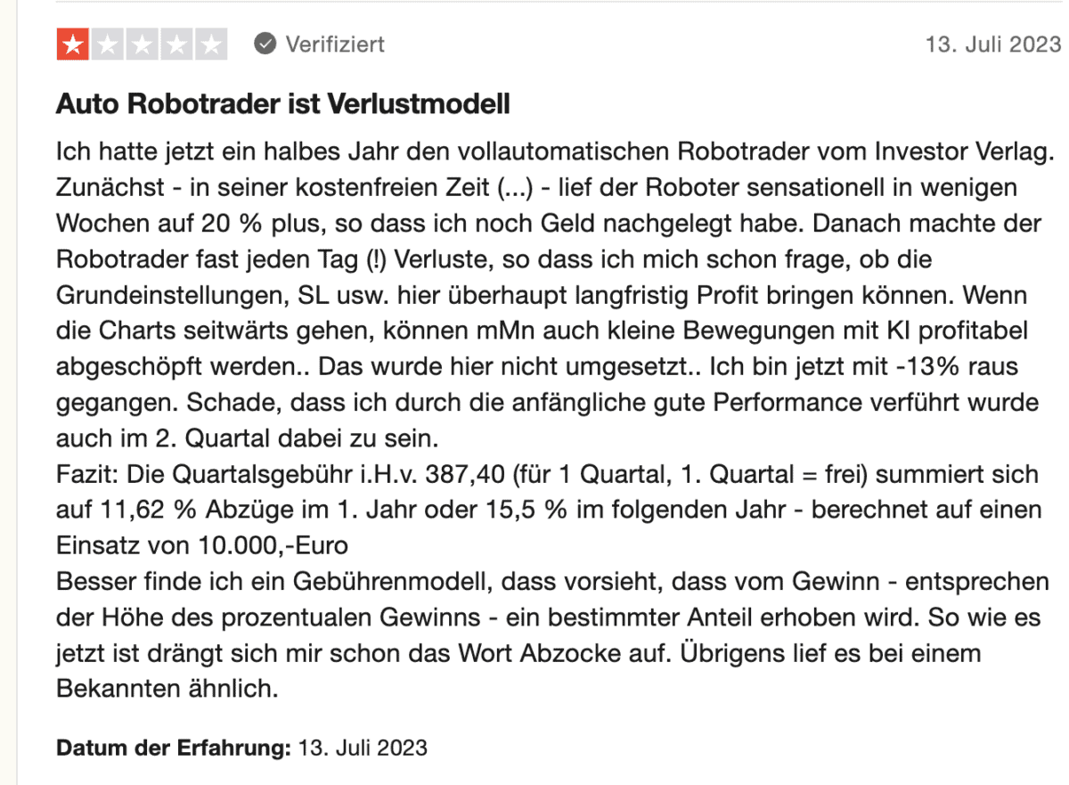 Erfahrungsbericht über verschiedene Börsenbriefe des Investor-Verlags das Bild zeigt die Kritik eines Nutzers von dem Investor Verlag das Verlustmodell des Auto Robotraders
