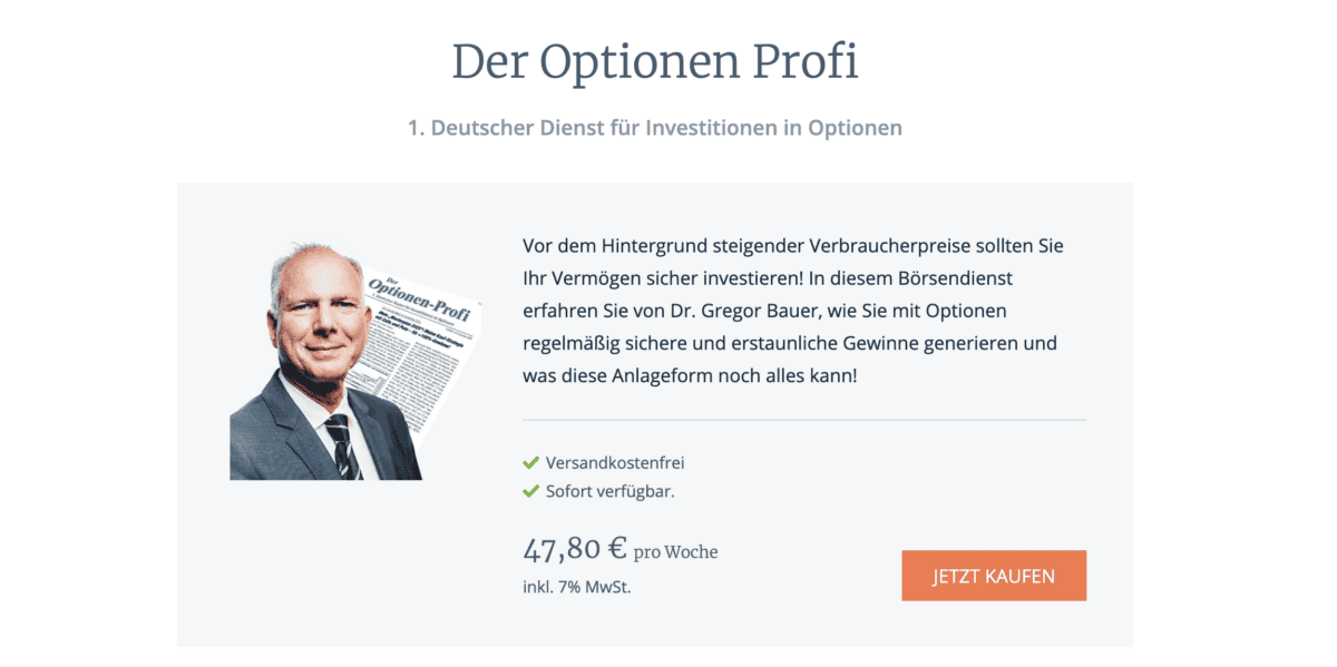 GeVestor Verlag Erfahrungen (2025)– Lohnen sich die Produkte? das Bild zeigt einen Screenshot des Dienstes von Gregor Bauer der Optionen Profi.