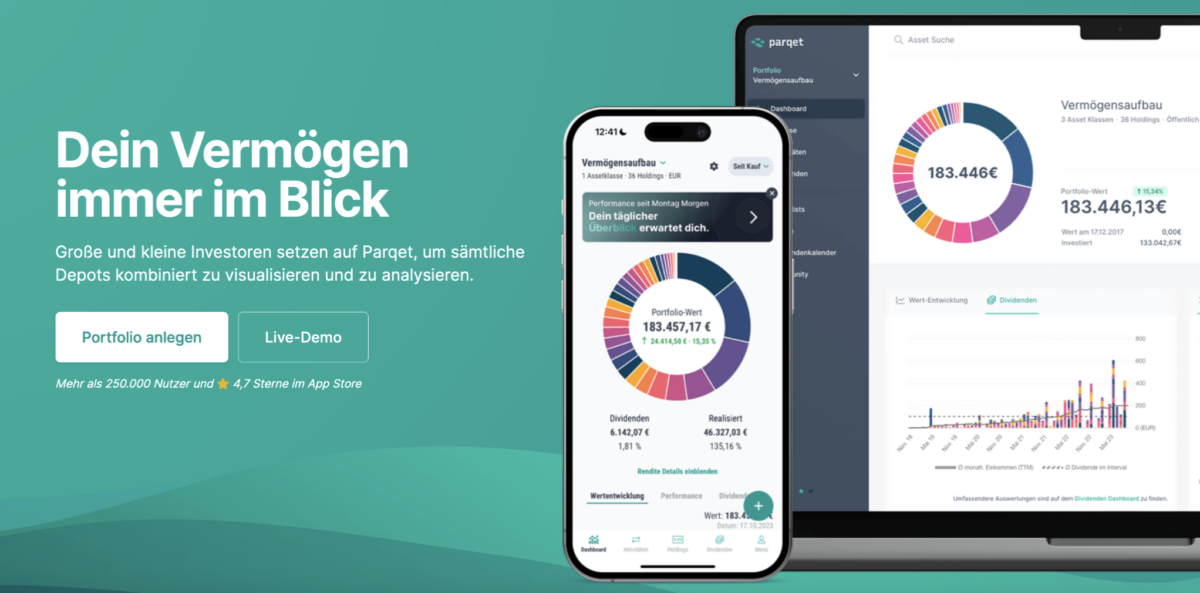 Parqet Erfahrungen - wie gut ist der Portfolio-Tracker wirklich? (2025) Screenshot der Webseite von Parqet Portfolio Tracker. Die Seite zeigt einen Slogan 'Dein Vermögen immer im Blick' sowie eine Vorschau der App auf einem Smartphone und Laptop. Das Interface visualisiert die Portfolio-Performance mit Kreisdiagrammen und Balkendiagrammen.