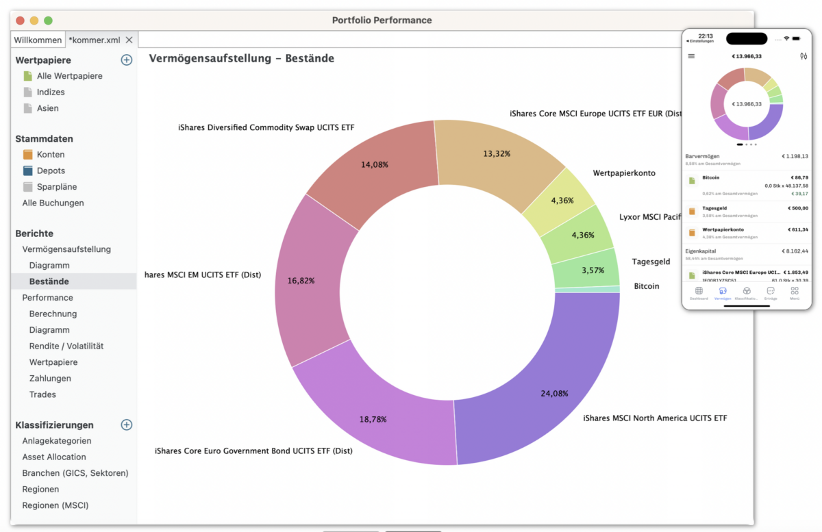 Portfolio Performance Erfahrungen - so gut ist der Portfolio-Tracker wirklich (2025) Screenshot der Portfolio Performance Software zeigt die aktuelle Vermögensaufstellunge - Bestände.
