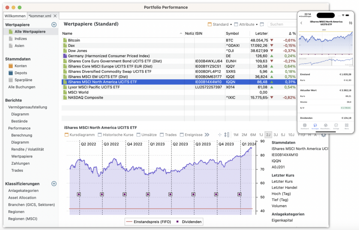 Portfolio Performance Erfahrungen - so gut ist der Portfolio-Tracker wirklich (2025) Screenshot von Portfolio Performance Alle Wertpapiere im Überblick