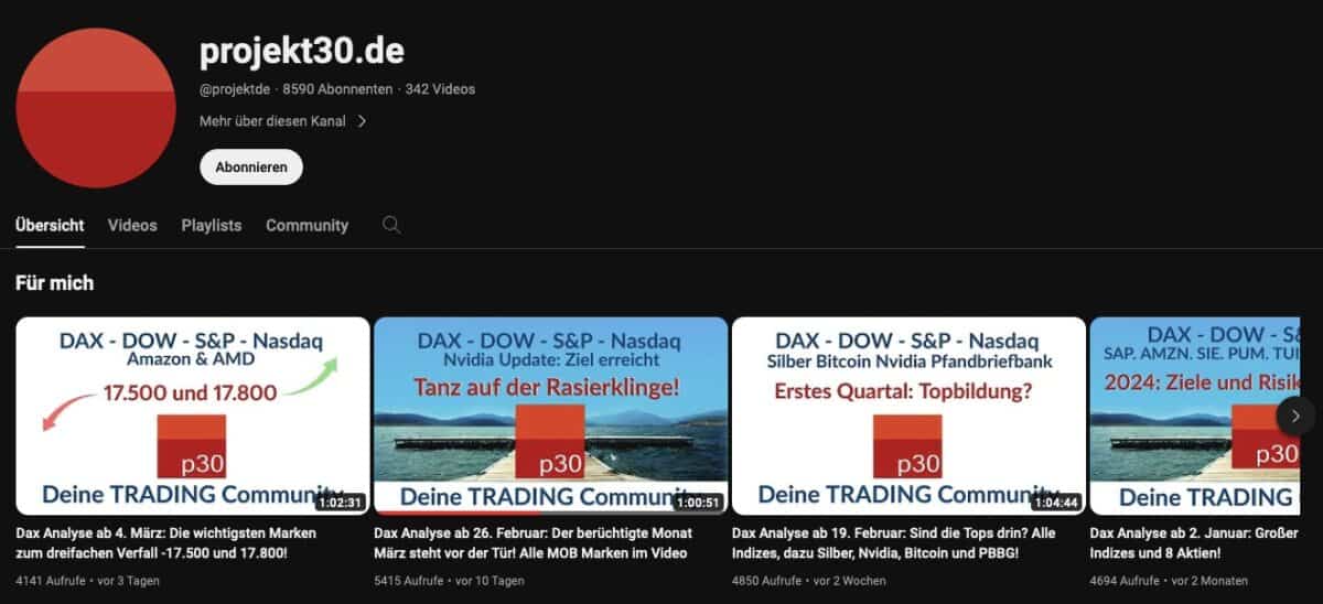 Projekt30 Erfahrungen - Ist die Trading-Community ihr Geld wert? (2025) Screenshot des YouTube Kanals von Projekt30