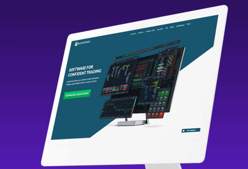 The Trading Pit – Forex und Futures Proptrading: Von Zero to Hero mit Fremdkapital? Monitor mit der Webseite der Trading-Software Quantower, die als Multi-Asset-Plattform beworben wird. Mehrere Trading-Ansichten mit Charts, Orderbuch-Daten und Marktanalysen sind auf dem Bildschirm zu sehen. Ein grüner Button mit der Aufschrift 'Download Quantower' ist sichtbar.