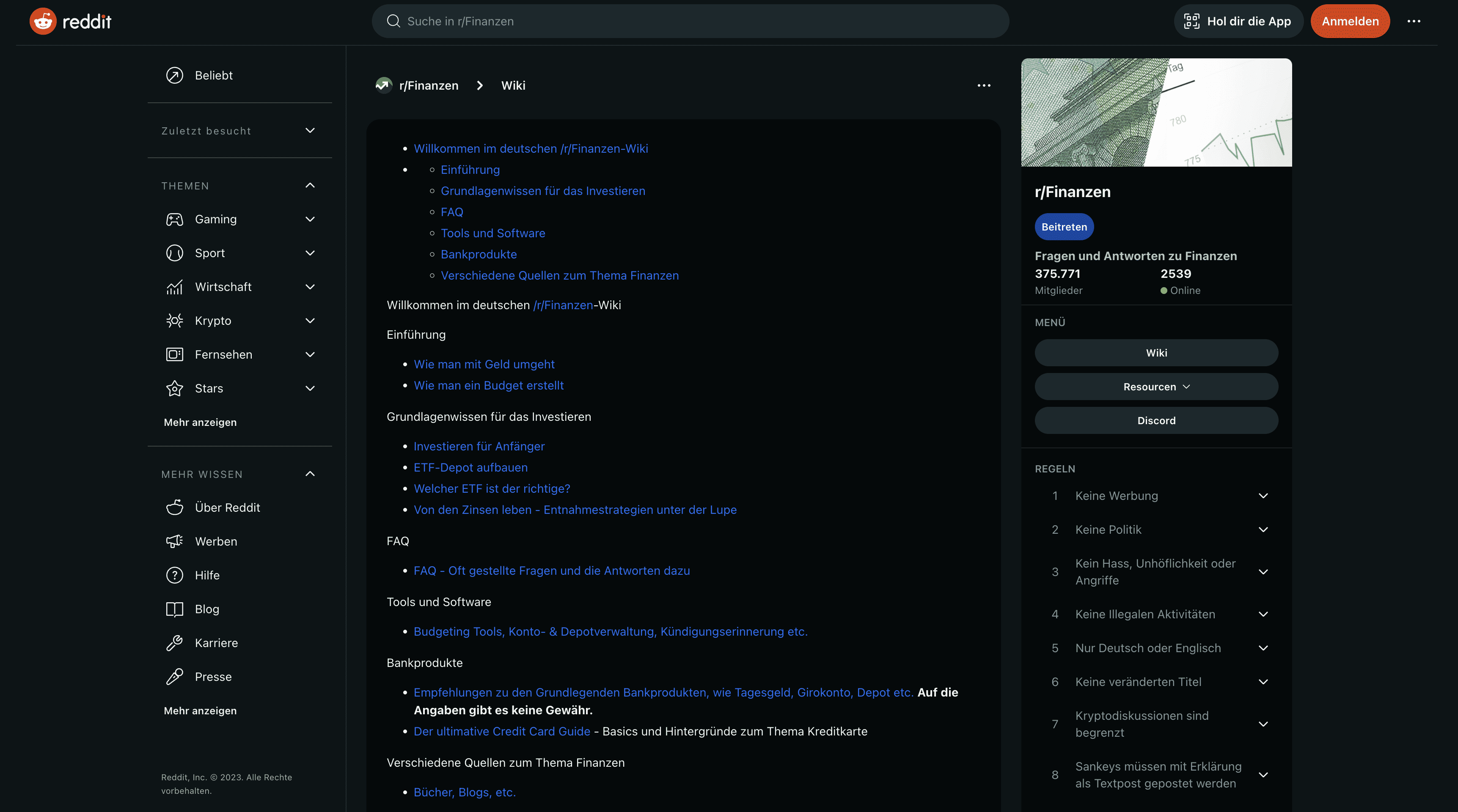 Von r/Finanzen bis WallStreetBets: Navigieren im Reddit-Finanzuniversum Das Bild zeigt einen Screenshot von dem r/Finanzen Subreddit auf Reddit.