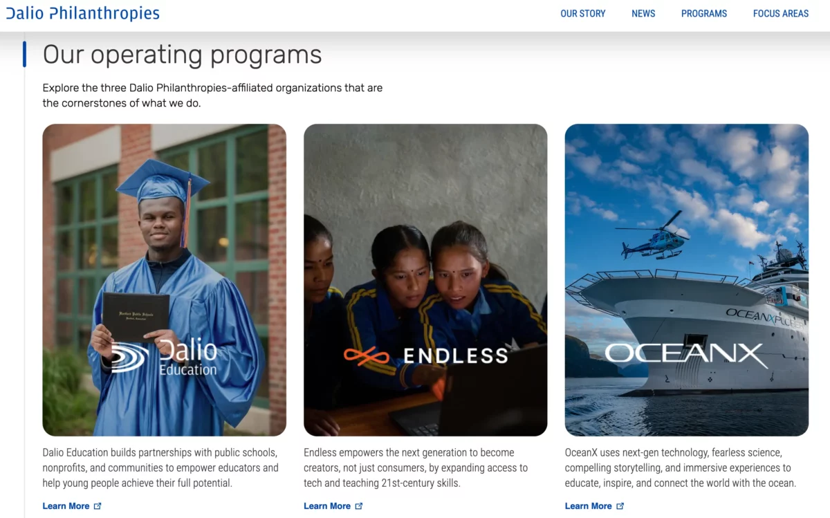 Meister der Märkte: Ray Dalios Weg zum Milliarden-Vermögen (2025) Das Bild zeigt einen Screenshot von der Dalio Philanthropies website und deren Projekte.